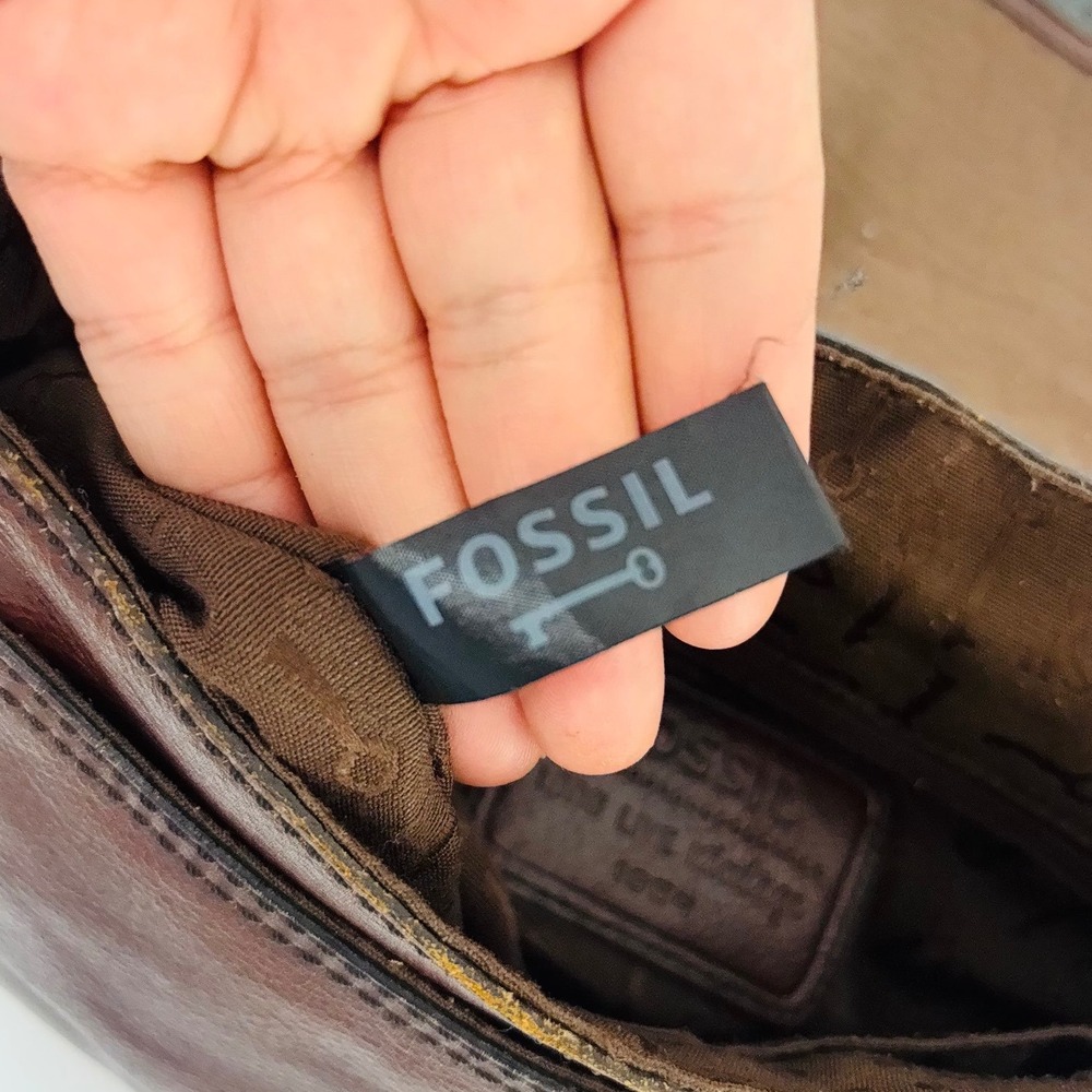Fossil Reissue Saddle Flap Brown Leather Mixed Media Chevron Crossbody Bag Key - Picture 11 of 13